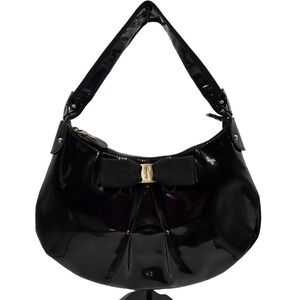 Salvatore Ferragamo Black Patent Leather‎ Bow Vala Hobo Bag Purse Designer